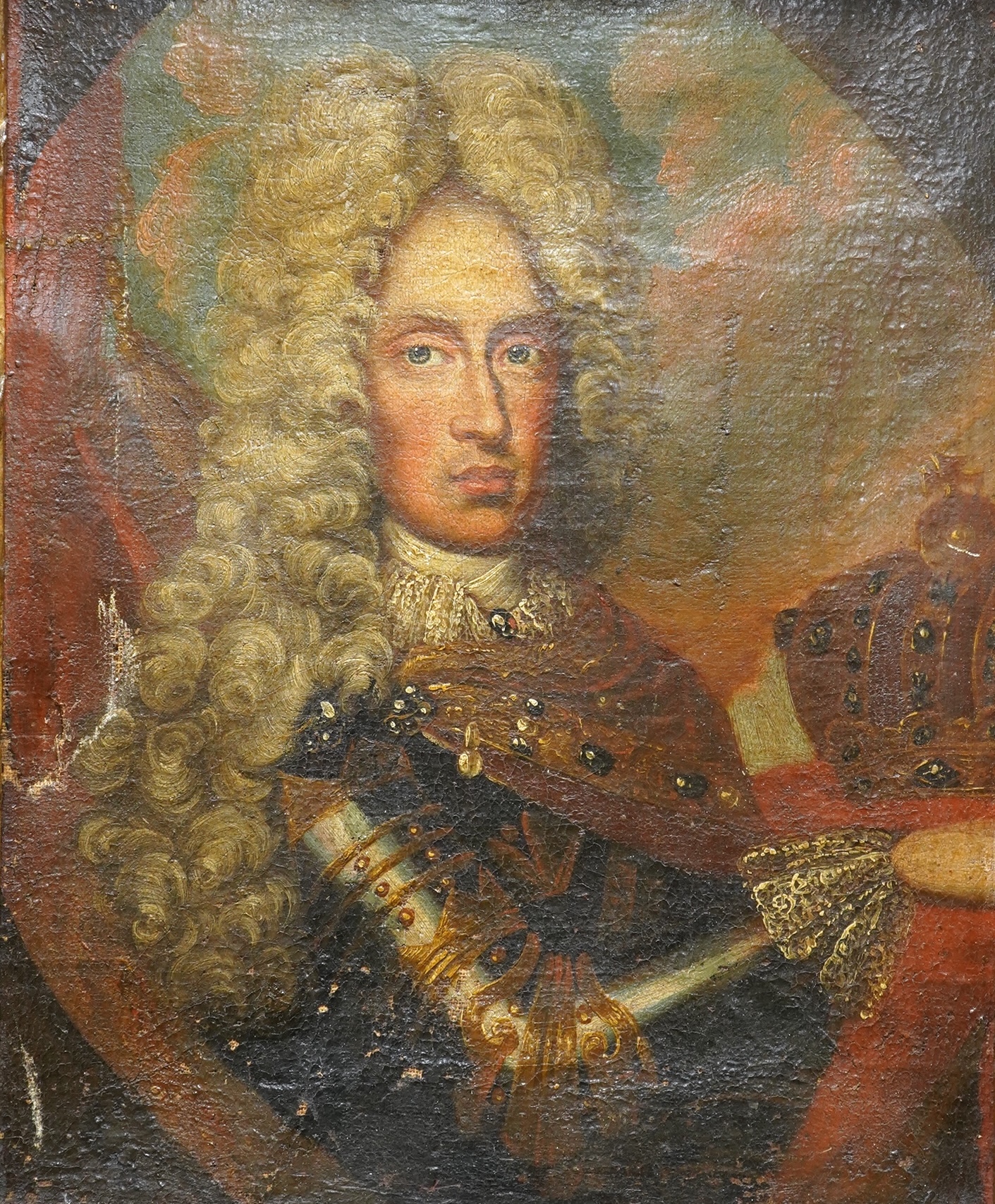 18th century, English School, Portrait of a gentleman wearing armour, feigned oval oil on canvas, 41 x 32cm, gilt framed